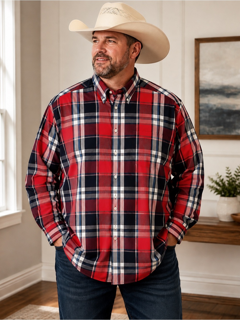 Roundtree & Yorke Men’s 2XT Big & Tall Red, & Navy Plaid Button Down Western Man